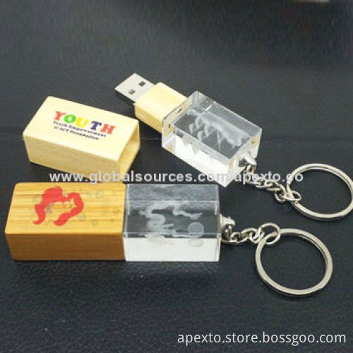 Promotional Crystal USB Flash Drive with LED Light, Made of Bamboo with 8 or 16g, USB2.0 and 3.0